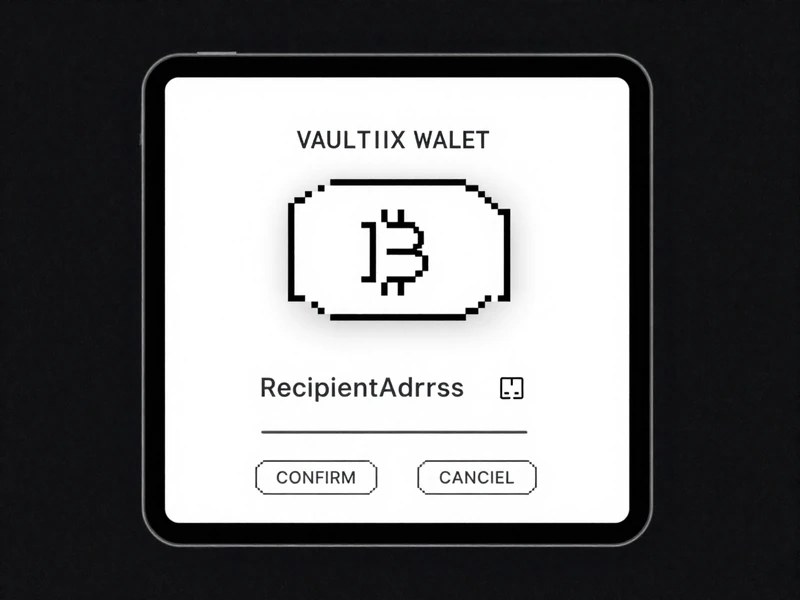 UI mockup of Vaultix wallet interface showing transaction confirmation screen with clear typography