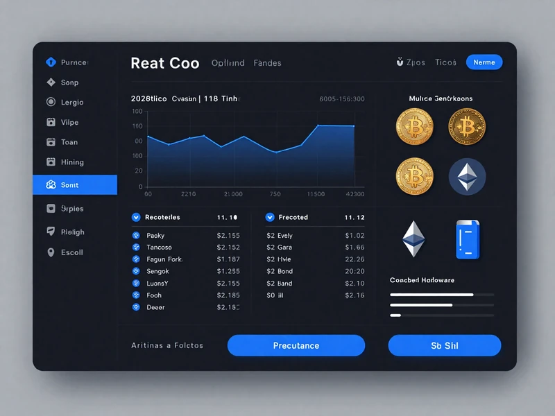 Modern desktop cryptocurrency wallet application UI mockup showing dark theme portfolio dashboard with balance chart, transaction list, multi-coin support indicators, and connected hardware wallet status