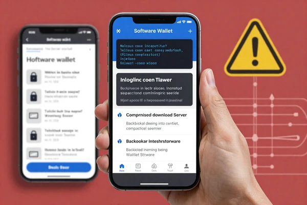 Supply chain attack showing compromised software wallet update with malicious code injection